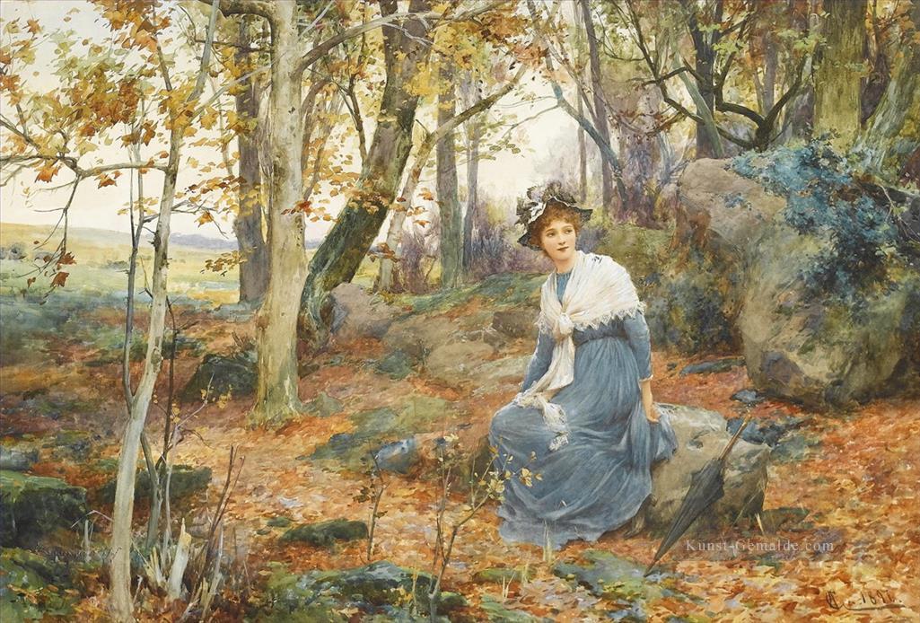 Frau sitzen in Woods Alfred Glendening JR Mädchen Herbst Landschaft schöne Dame Ölgemälde